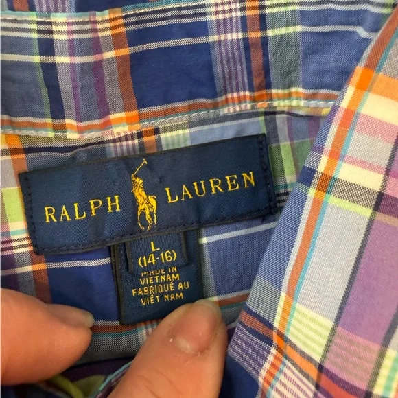 Ralph Lauren Multicolor purple blue yellow Plaid Shirt size large 14-16 - Picture 3 of 7
